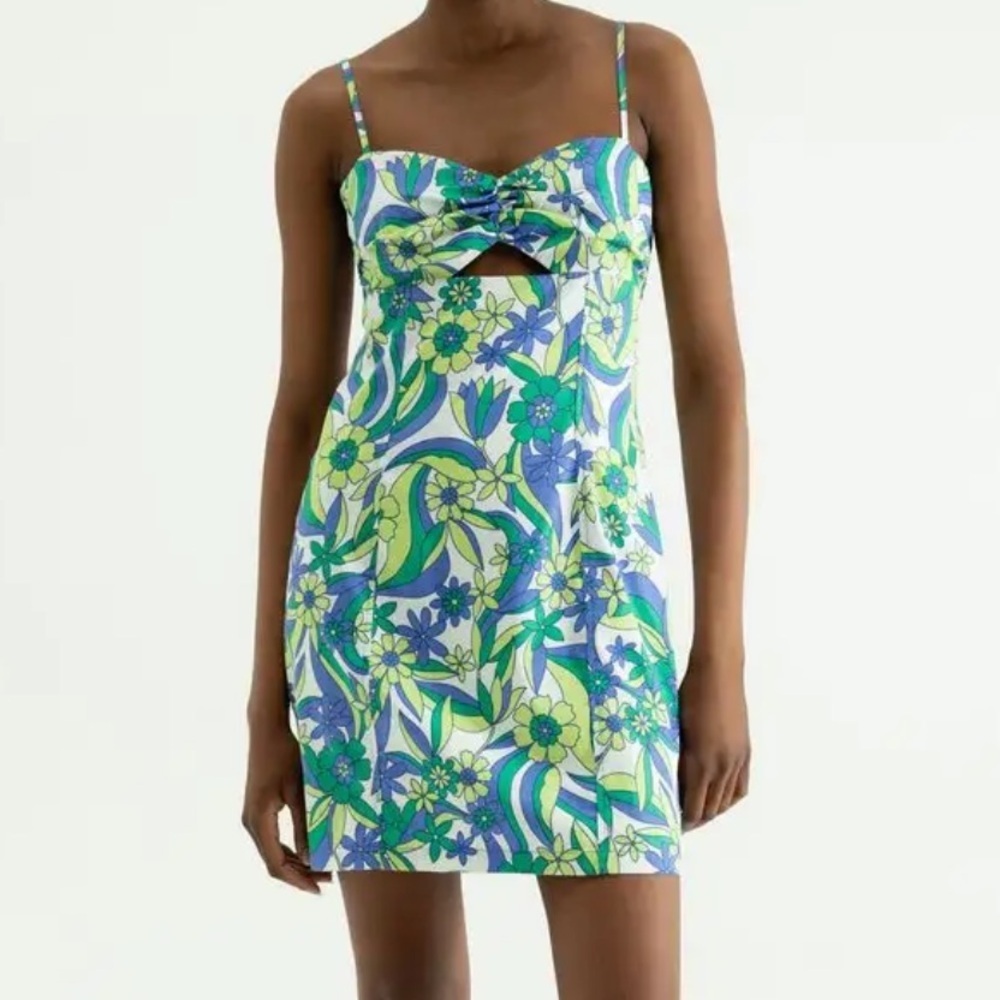 Zara Retro Funky Bold Floral Twist Bust Mini Dress with Cut Out Size Medium